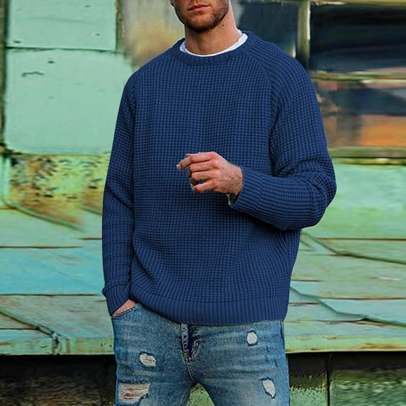 Nmnitkp Sweaters for Men Comfortable and Warm Men's Crewneck Pullover Sweater Waffle Textured Knitted Sweaters Casual Loose Fit Sweaters with Ribbing Edge