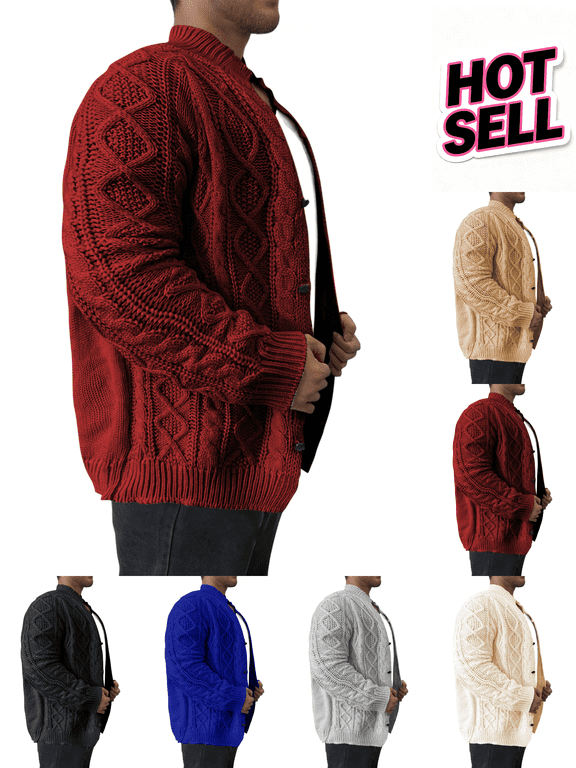 Sweaters for Men Comfortable and Warm Mens Collar Cardigan Sweater Cable Knit Button Chunky Long Sleeve Winter Fisherman Casual Cardigans & Simple Design Oversized Sweater Wine,3XL