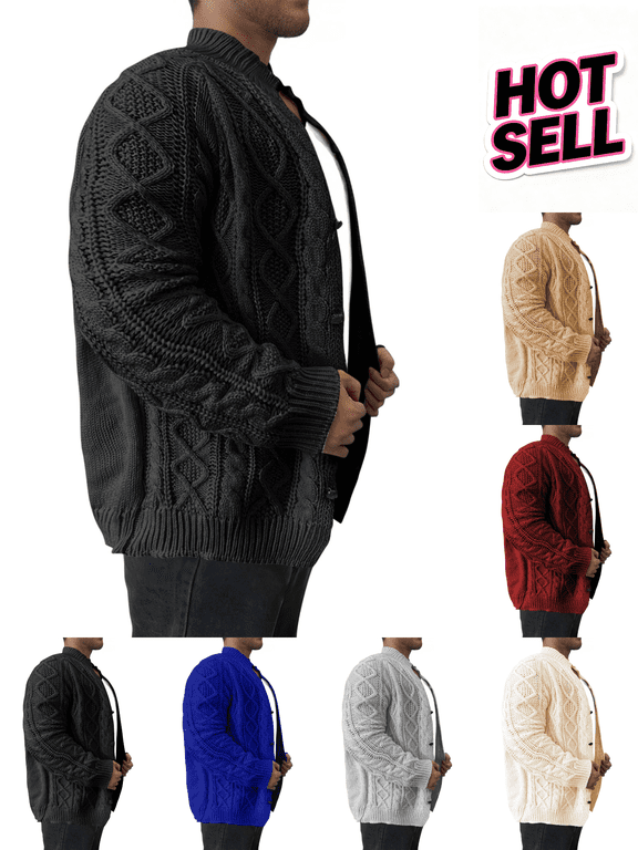 Sweaters for Men Comfortable and Warm Mens Collar Cardigan Sweater Cable Knit Button Chunky Long Sleeve Winter Fisherman Casual Cardigans & Simple Design Oversized Sweater Black,L