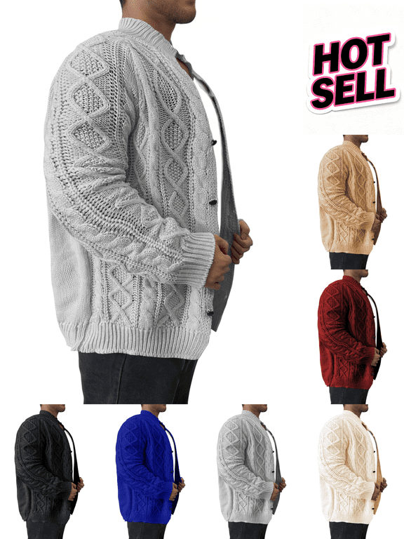 Sweaters for Men Comfortable and Warm Mens Collar Cardigan Sweater Cable Knit Button Chunky Long Sleeve Winter Fisherman Casual Cardigans & Simple Design Oversized Sweater Gray,L