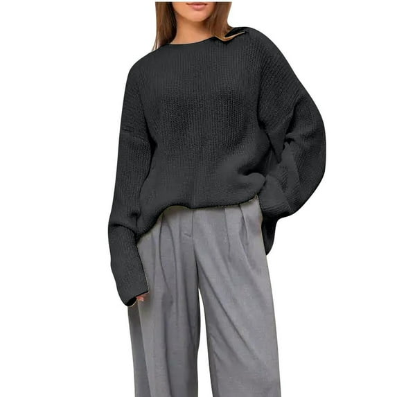 Nmnitkp Sweaters for Women Soft and Comfortable Women Long Sleeve Large Round-Neck Button Down Sweater Solid Color Ribbed Loose Knit Sweater Casual Relaxed Fit Pullover Jumper