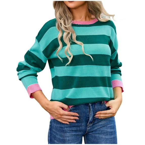 Nmnitkp Sweaters for Women Soft and Comfortable Women Long Sleeve Large Round-Neck Button Down Sweater Striped/Solid Color/Flowers Ribbed Loose Knit Sweater Casual Relaxed Fit Pullover Jumper