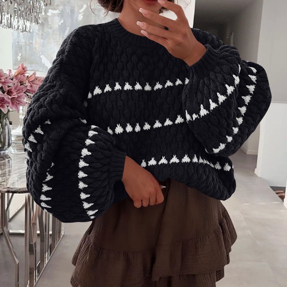 Nmnitkp Sweaters for Women Stripes Sweaters Long Sleeve Crewneck Pullover Knit Jumper Tops Black,S