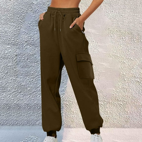 Nmnitkp Sweatpants Women Excellent Workmanship Elastic Lace-Up Casual Solid Color High-Waisted Zipper Pocket Tapered Sweatpants Streetwear Brown,XL