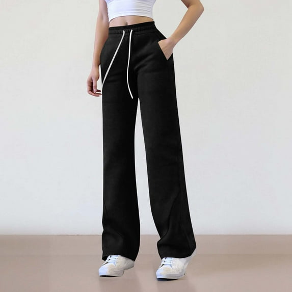 Nmnitkp Sweatpants Women Wide Leg Sweat Pants for Womens High Waisted Baggy Sweatpants Casual Drawstring Workout Pants with Pockets Black,2XL