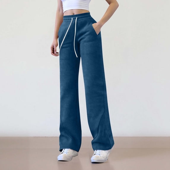 Nmnitkp Sweatpants Women Wide Leg Sweat Pants for Womens High Waisted Baggy Sweatpants Casual Drawstring Workout Pants with Pockets Blue,S
