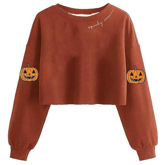 Nmnitkp Sweatshirt for Women Halloween Loose Casual Round Neck Long Sleeve Crop Tops for Women Cropped Workout Athletic Gym Yoga Running Hoodless Sweatshirt Orange,M