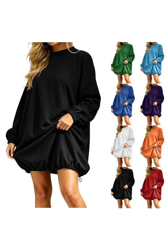 Sweatshirt for Women Oversized Crewneck Sweatshirt Dress Long Sleeve Drawstring Hem Loose Fit Solid Color Casual Pullover for Fall Loungewear Daily Wear Black,S