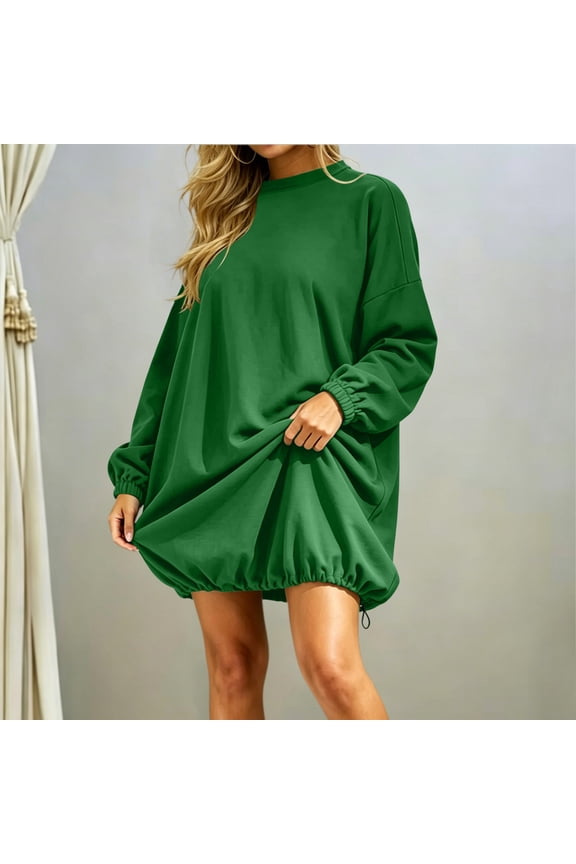Sweatshirt for Women Oversized Crewneck Sweatshirt Dress Long Sleeve Drawstring Hem Loose Fit Solid Color Casual Pullover for Fall Loungewear Daily Wear Green,S