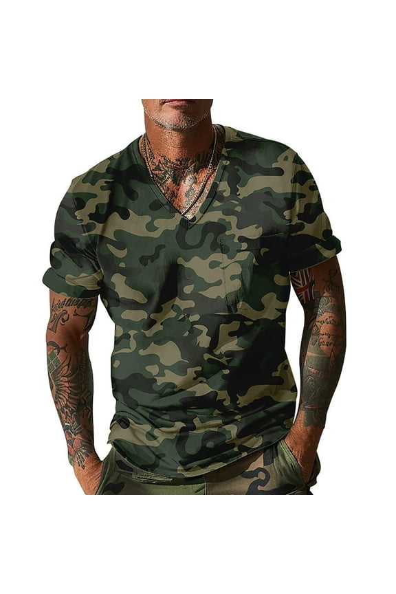 T-Shirt for Men Casual Camo Printed V Neck Short Sleeve Tops for Men Summer Basic Mens Tees Size S-3XL