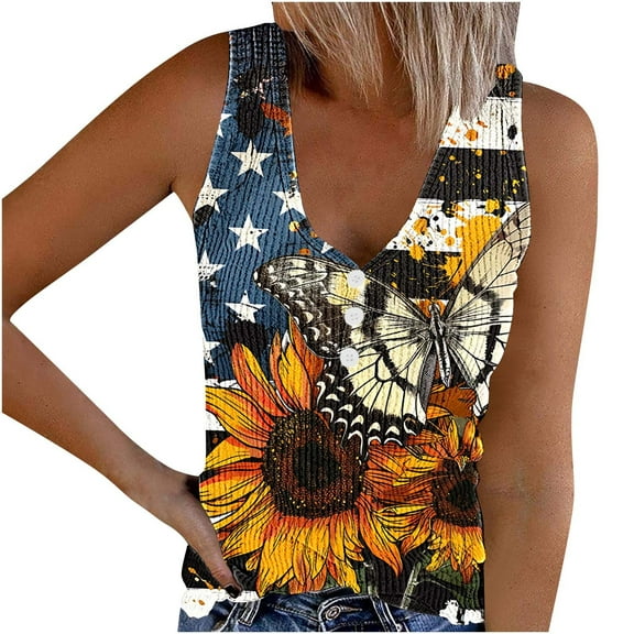 Nmnitkp Tank Top Casual American Flag Tank Tops for Women 4th of July Shirts Ring Hole Sleeveless V-Neck T-Shirt Patriotic Tees