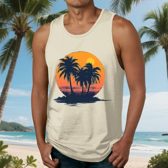 Nmnitkp Tank Tops Men Elastic Fabric Mens Tank Tops Summer Beach Tank Top Hawaiian Palm Tree Print Sleeveless Muscle Basic Tee Vacation Tops Beige,M