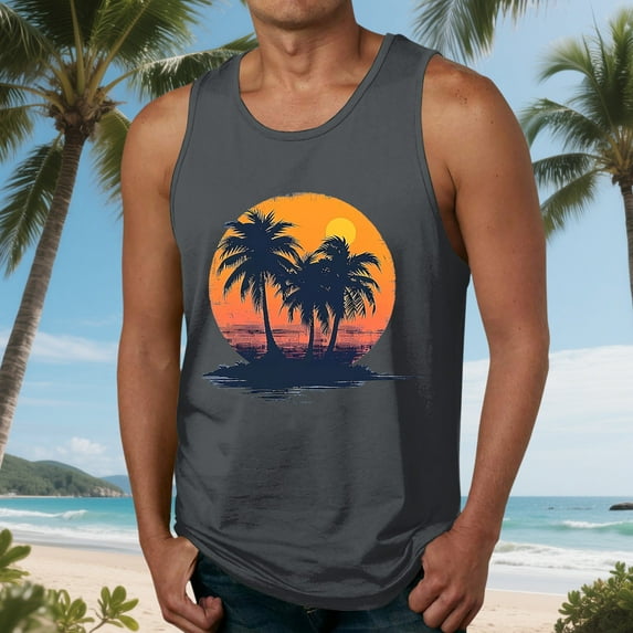 Nmnitkp Tank Tops Men Elastic Fabric Mens Tank Tops Summer Beach Tank Top Hawaiian Palm Tree Print Sleeveless Muscle Basic Tee Vacation Tops Gray,3XL