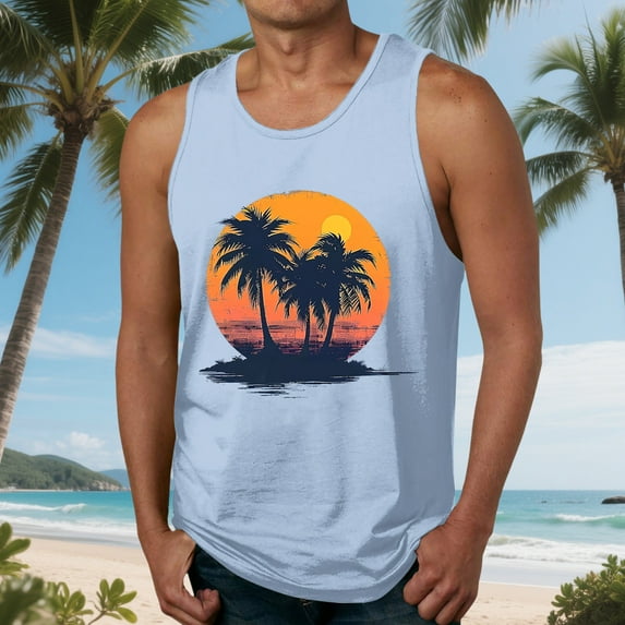 Nmnitkp Tank Tops Men Elastic Fabric Mens Tank Tops Summer Beach Tank Top Hawaiian Palm Tree Print Sleeveless Muscle Basic Tee Vacation Tops Light Blue,S