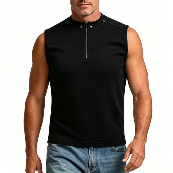 Nmnitkp Tank Tops Men Half-Zip Sleeveless Tank Tops, Loose Fit Crew Neck Breathable Solid Color Shirts for Summer Casual, Workout & Streetwear Wear Black,4XL