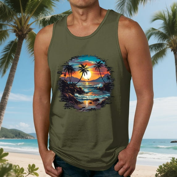 Nmnitkp Tank Tops Men Mens High-Quality Fabric Summer Beach Tank Top Tropical Hawaiian Palm Tree Print Sleeveless Shirts Muscle Tee Vacation Shirts Army Green,S