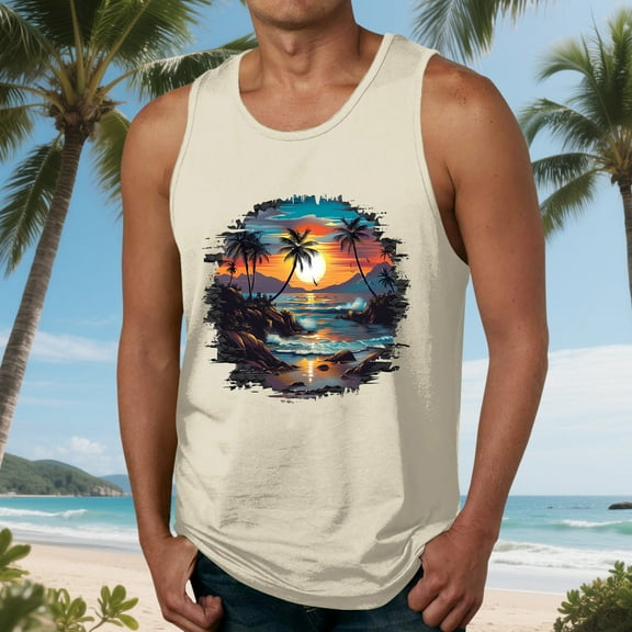 Nmnitkp Tank Tops Men Mens High-Quality Fabric Summer Beach Tank Top Tropical Hawaiian Palm Tree Print Sleeveless Shirts Muscle Tee Vacation Shirts Beige,4XL