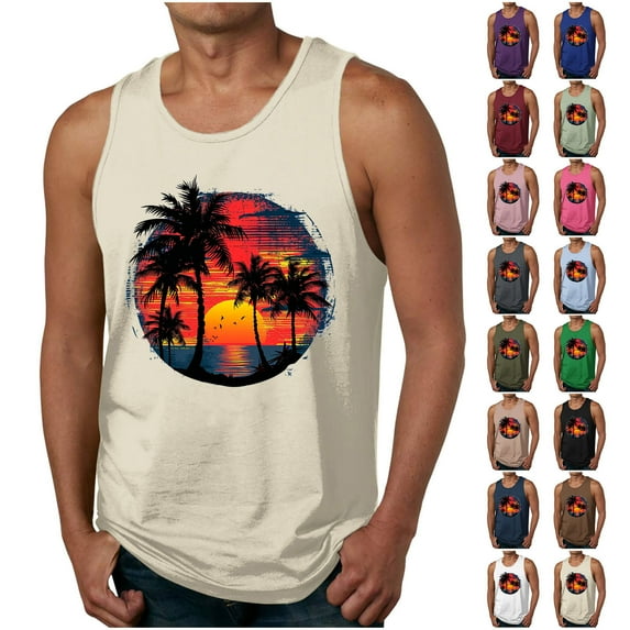 Nmnitkp Tank Tops Men Mens High-Quality Fabric Summer Beach Tank Top Tropical Hawaiian Palm Tree Print Sleeveless Shirts Muscle Tee Vacation Shirts Beige,L