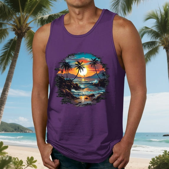 Nmnitkp Tank Tops Men Mens High-Quality Fabric Summer Beach Tank Top Tropical Hawaiian Palm Tree Print Sleeveless Shirts Muscle Tee Vacation Shirts Purple,L