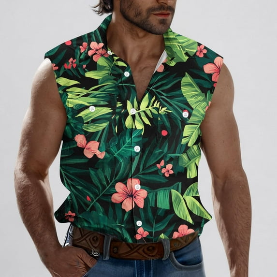 Nmnitkp Tank Tops Men Sleeveless Hawaiian Print Front Shirt for Men,High-Quality Fabric Mens Tank Top Button Down Shirts Army Green,S