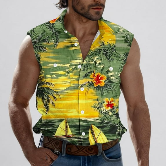 Nmnitkp Tank Tops Men Sleeveless Hawaiian Print Front Shirt for Men,High-Quality Fabric Mens Tank Top Button Down Shirts Gold,M