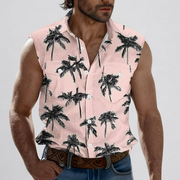 Nmnitkp Tank Tops Men Sleeveless Hawaiian Print Front Shirt for Men,High-Quality Fabric Mens Tank Top Button Down Shirts Pink,3XL