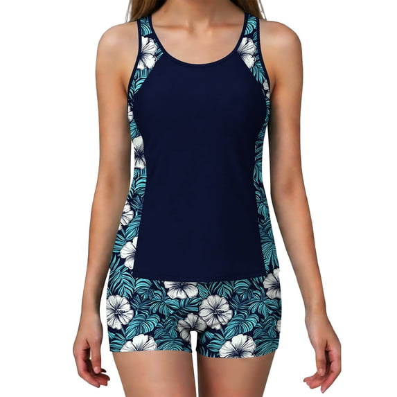 Nmnitkp Tankini Swimsuit for Women Floral Modest Two Piece Bathing Suit Scoop Neck Tummy Control Swim Tank Top with Boy Shorts and Padded