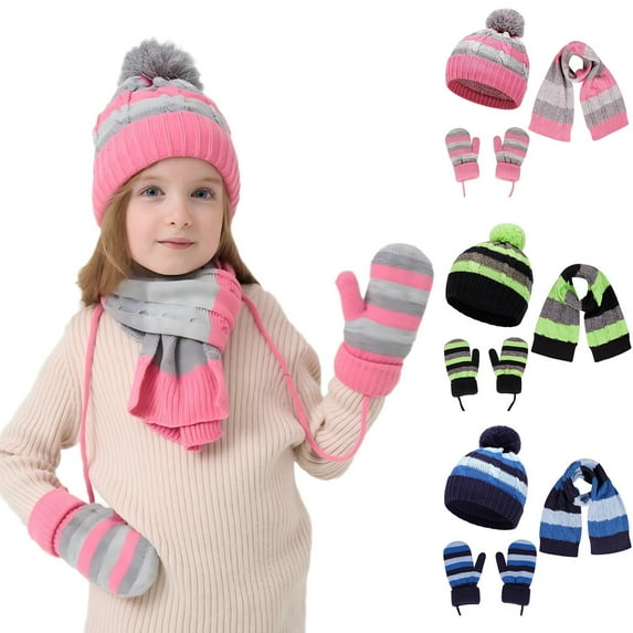 Nmnitkp Toddler Baby Beanie Mittens Scarf Set, Knit Warm Winter Hat for Boys Girls Kids Cap Gloves Neck Scarf Fleece Lining 3-10 Years Pink