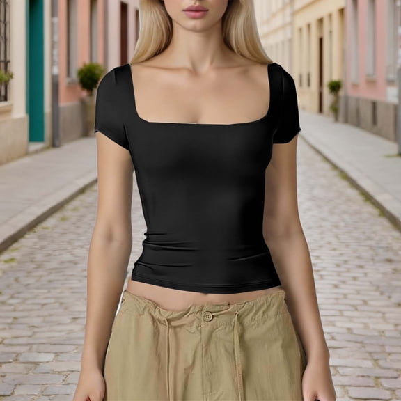 Nmnitkp Tops for Women Trendy Square Neck Short Sleeve Layer Tops Basic Slim Fit Going Out T Shirt Black,XS