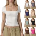 thumbnail image 1 of Nmnitkp Tops for Women Trendy Square Neck Short Sleeve Layer Tops Basic Slim Fit Going Out T Shirt White,L, 1 of 6