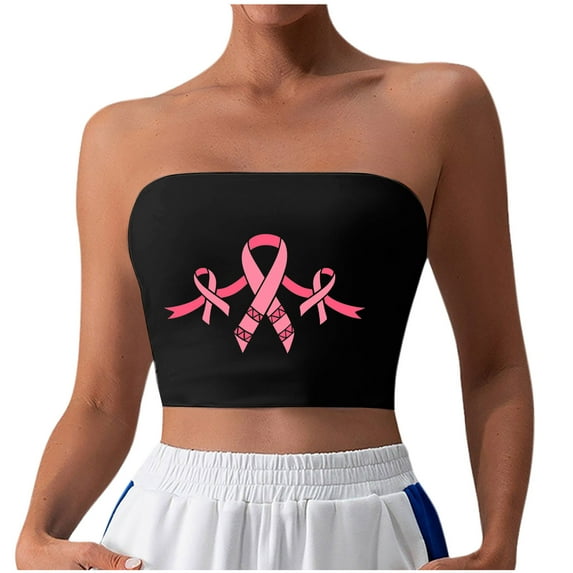 Nmnitkp Tube Tops for Women Breast Cancer Print Strapless Top Bandeau Crop Top Premium Healthy Fabric Summer Streetwear & Show off your Figure Tube Top(Plus Size)