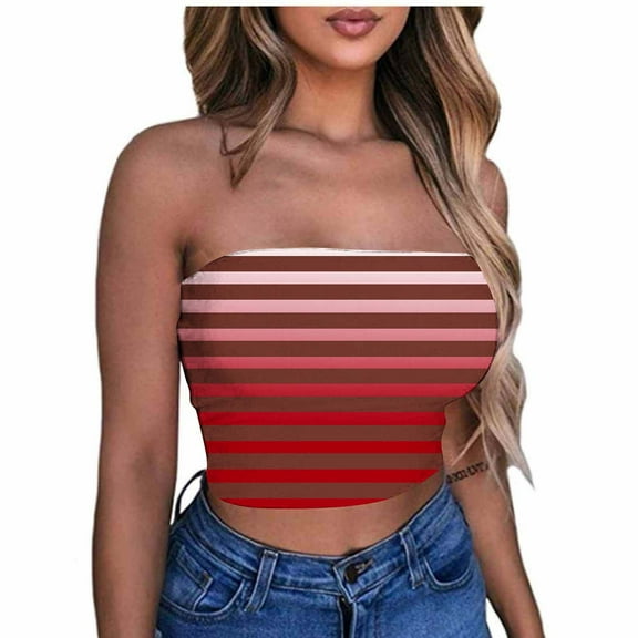 Nmnitkp Tube Tops for Women Show off your Figure Women's Sexy Crop Top High Cost Performance Tube Tops Sleeveless Stretchy Solid Strapless Stripe Printing Tube Top(Plus Size)