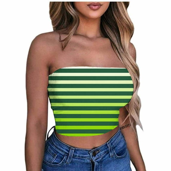 Nmnitkp Tube Tops for Women Show off your Figure Women's Crop Top High Cost Performance Tube Tops Sleeveless Stretchy Solid Strapless Stripe Printing Tube Top(Plus Size)