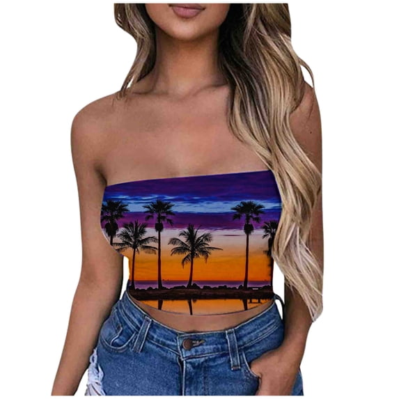 Nmnitkp Tube Tops for Women Hawaiian Style Flower Graphic Print Strapless Top Bandeau Crop Top Premium Healthy Fabric Tube Top Summer Streetwear