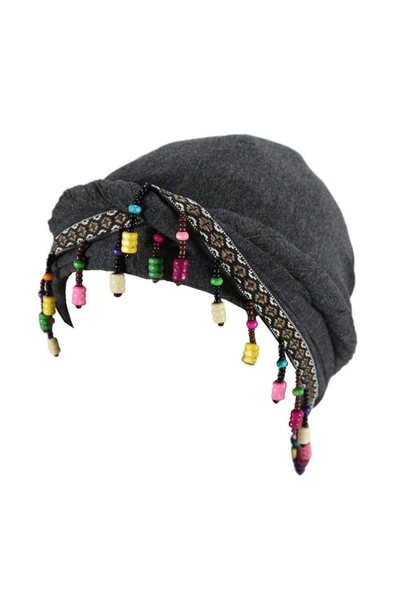 Turban Head Wraps for Women Skull Cap Turban Pre-Tied Tassels Men Satin Lined Turban Hat with Fringe Twisted Tail Dark Gray