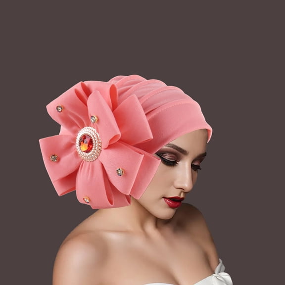 Nmnitkp Turbans Cap Rhinestone Headwrap Beanie Pre Tied Head Cover Bonnet Women Muslim Stretchy Pleated Headscarf Hat Pink