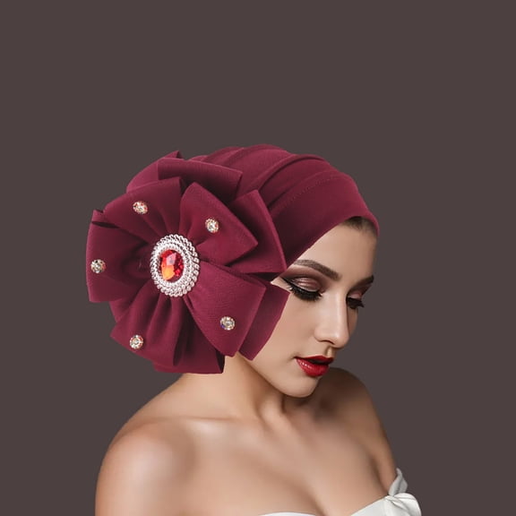 Nmnitkp Turbans Cap Rhinestone Headwrap Beanie Pre Tied Head Cover Bonnet Women Muslim Stretchy Pleated Headscarf Hat Wine