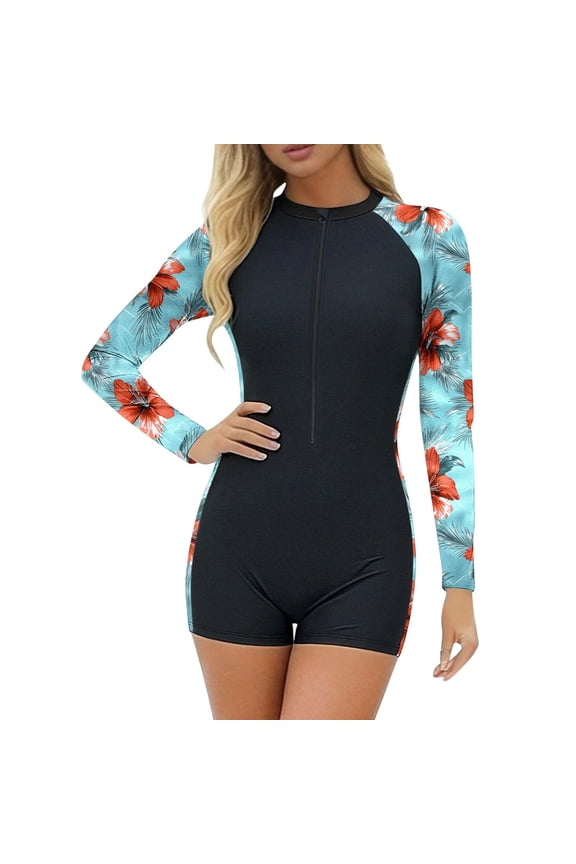 UPF 50+ Modest Long Sleeve Swimsuits for Women Floral Zipper High Neck Bathing Suit Rash Guard Surfing One Piece Swimwear