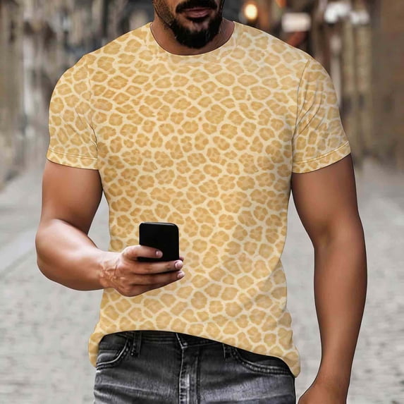 Nmnitkp Unisex Leopard Print T-Shirt, Short Sleeve Crew Neck Stretch Casual Tee, Soft Polyester Spandex Blend Top for Men Women Daily Wear Yellow,XL