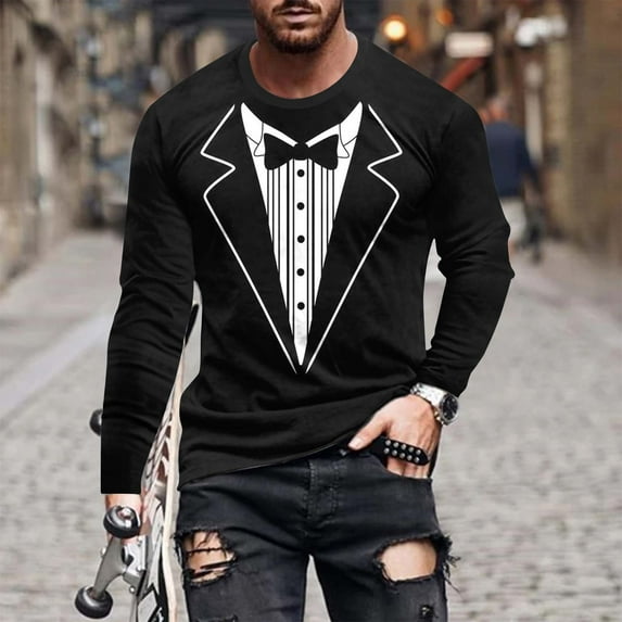 Nmnitkp Unisex Tuxedo Shirt | Classic Party Humor Vintage Tee | Tux with Bowtie&Pockets | Funny T-Shirt for Men/Women & ​​​​​Long Sleeve Shirt（Plus Size）