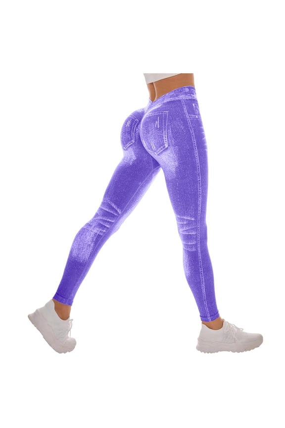 V Back Faux Denim Jeggings for Women Butt Lifting Tummy Control High Waisted Skinny Jeans Yoga Pants Scrunch Leggings