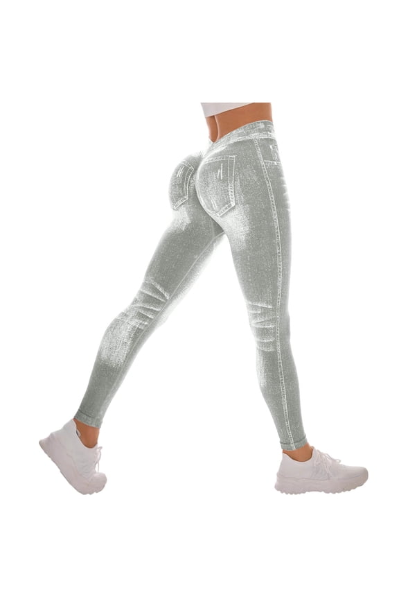 V Back Faux Denim Jeggings for Women Butt Lifting Tummy Control High Waisted Skinny Jeans Yoga Pants Scrunch Leggings