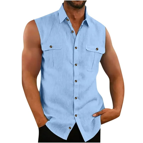 Nmnitkp Vest for Men Comfortable and Breathable Men's Cuban Guayabera Linen Shirts Sleeveless Button Up Shirt Casual Summer Beach Tops