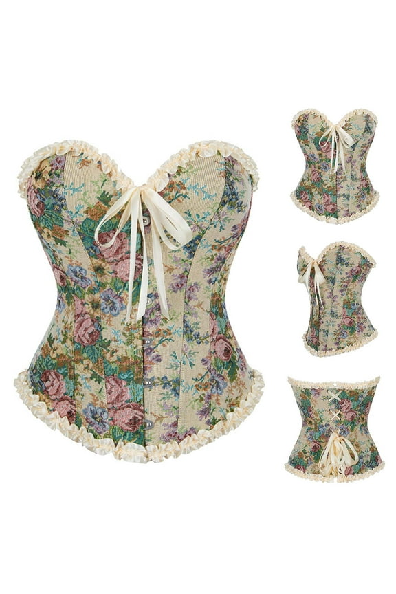 Vintage Renaissance Corset Top for Women Floral Bustier Lace Up Boned Overbust Lingerie Bodyshaper , Show Nobility Strapless Corset