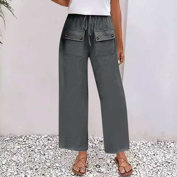 Nmnitkp Wide Leg Pants Woman Solid Color Pocket Button High Waisted Drawstring Casual Sports Straight Women's Pants Gray,XL