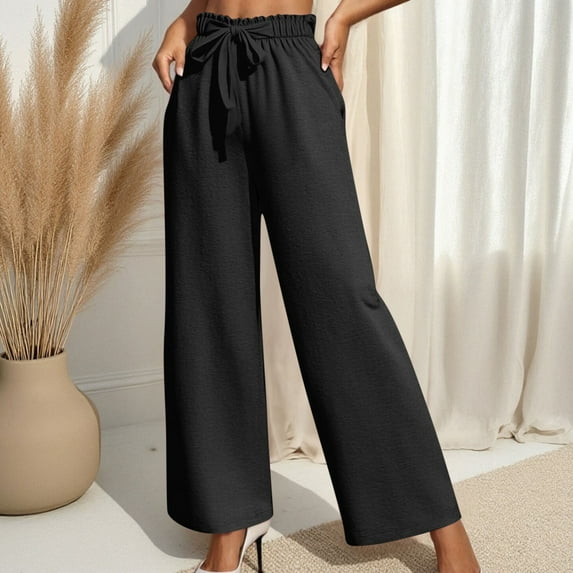 Nmnitkp Wide Leg Pants Woman with Pockets High Waist Adjustable Knot Loose Casual Trousers Business Work Casual Pants Black,2XL