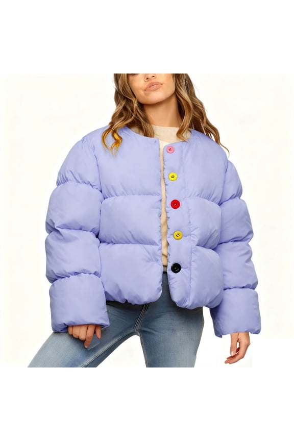 Winter Coats for Women Cropped Puffer Jacket Winter Stand Collar Zip Up Snap Button Warm Lightweight Short Quilted Coat Purple,S