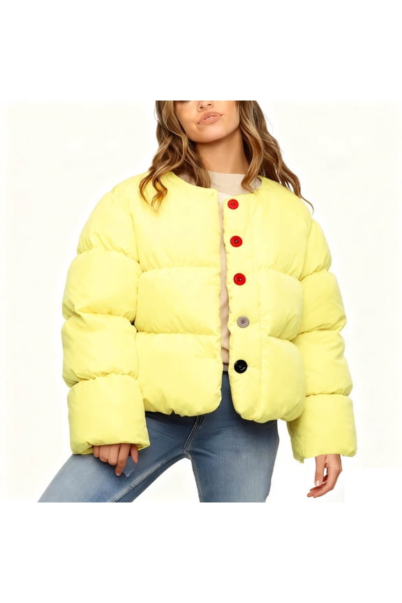 Winter Coats for Women Cropped Puffer Jacket Winter Stand Collar Zip Up Snap Button Warm Lightweight Short Quilted Coat Yellow,S