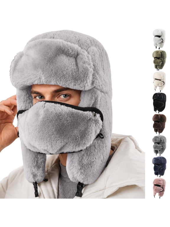 Winter Faux Fur Trapper Hat with Face Mask Full Coverage Earflap Windproof Cold Weather Warm Hat for Men Women Skiing Outdoor Daily Wear