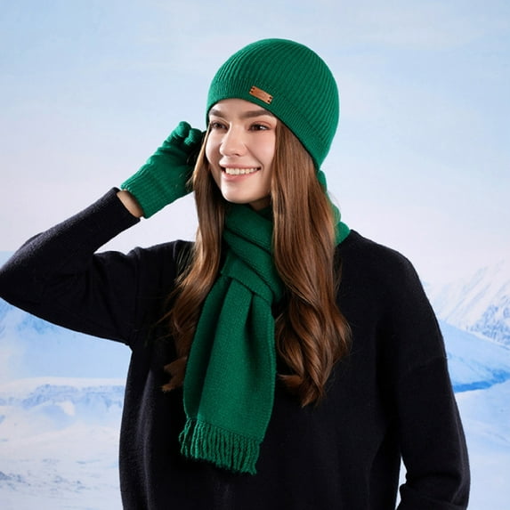 Nmnitkp Winter Hat Scarf Gloves Set for Women, Classic Cable Beanie with Removable Pom Pom Long Scarf Touchscreen Gloves 3 in 1 Set Green
